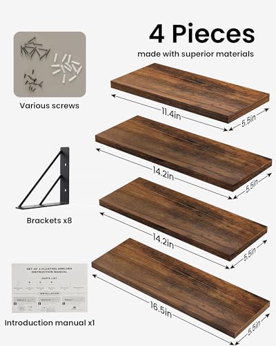 Wall Mounted Floating Shelves Set of 4 - Rustic Brown, 16 Inches - C. Rustic Brown Board & Black Brackets