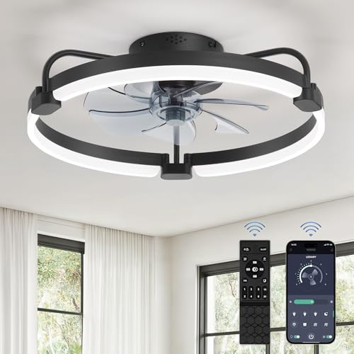 20-Inch Ceiling Fan with Lights and Remote Control - Black, Low Profile, Dimmable LED Light, Reversible Motor