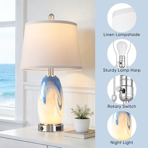 Hamucd Coastal Glass Table Lamp Set of 2 - Pattern 2, 7 Lighting Modes, USB Ports, Nautical Nightstand Lamps for Bedroom & Living Room