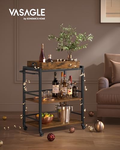 VASAGLE Rustic Brown and Black Bar Cart with Wheels, Wine Rack & Glass Holder - 15.7"D x 28.3"W x 33.9"H