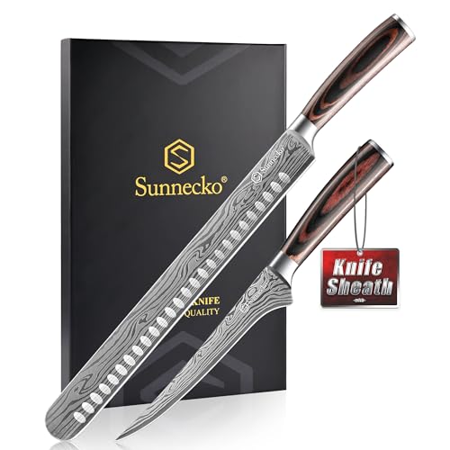 Sunnecko BBQ Carving Knife Set - 12 Inch Slicing & 7 Inch Boning Knife with Pakkawood Handles - Variation: 12 Inch Carving Knife with 7 Inch Boning Knife