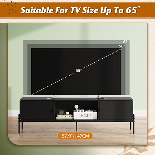 WLIVE 58-Inch Black TV Stand for 65-Inch TVs, Mid-Century Media Console with Metal Legs