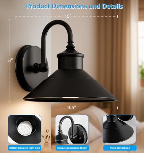 Battery Operated Wall Sconces Set of 2 - 9.5 Inch, 3 CCT Modes, Dimmable, Remote Control, Vintage Black