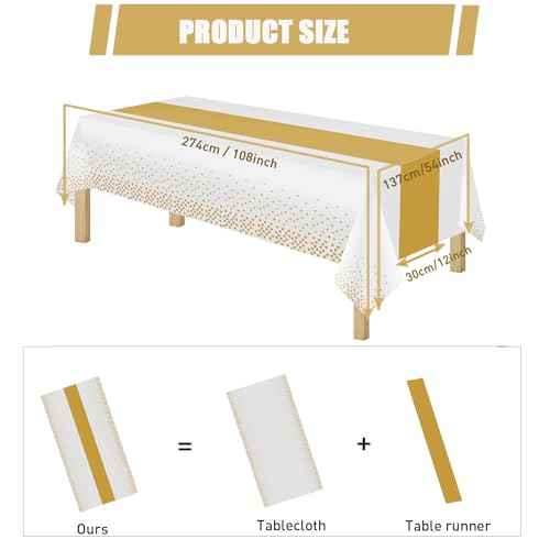 3 Pack 2in1 Disposable Plastic Tablecloths 54" x 108" White and Gold Dot Party Table Cloth Rectangle Table Cover for Wedding Birthday Baby Shower Anniversary Christmas New Year Party Decorations
