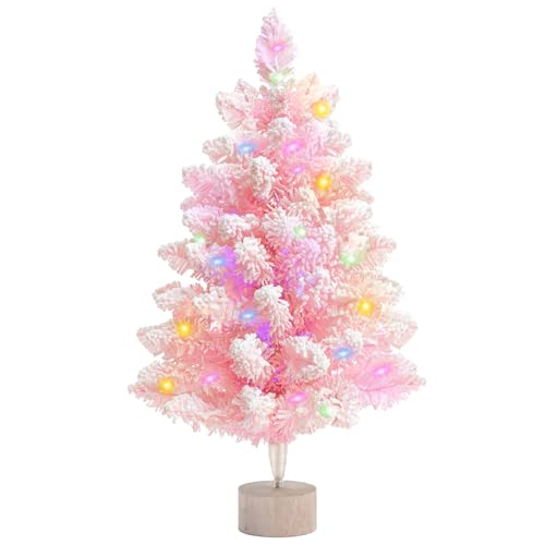 Pink Artificial Christmas Tree with Lights - 2ft Snow Flocked Mini Tree for Indoor & Outdoor Holiday Decor - Battery Operated, Wooden Stand, LED String Included