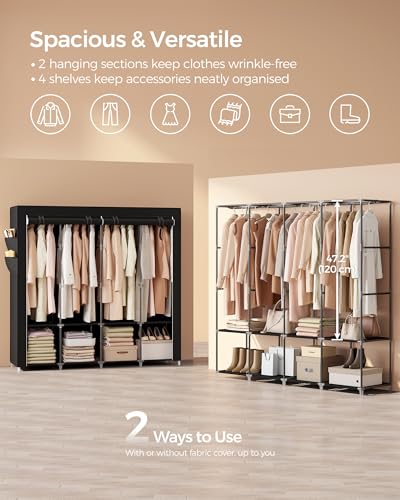 Portable Closet with Cover - 4 Tiers, 66.9" Length, Ink Black, 4 Hanging Rods & Shelves