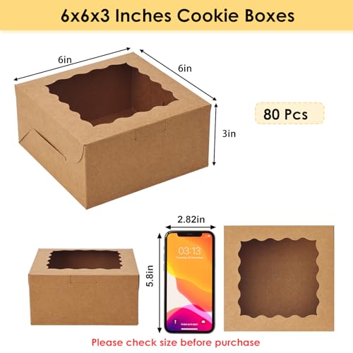 Moretoes 80pcs Brown Bakery Cookie Boxes with Window - 6x6x3 Inches