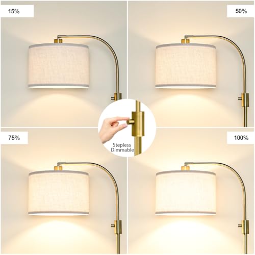 Nintiue Brass Arc Floor Lamp with Linen Shade - Dimmable Tall Standing Lamp for Living Room & Bedroom