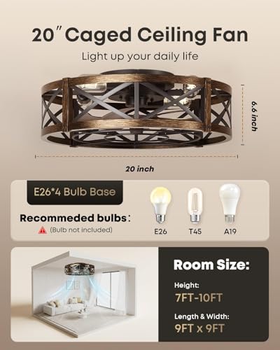 20-Inch Low Profile Caged Ceiling Fan with Light & Remote - Black & Gold