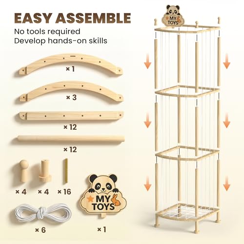 Kids Wooden Stuffed Animal Storage Organizer with Elastic Cords - Toy Zoo Tower