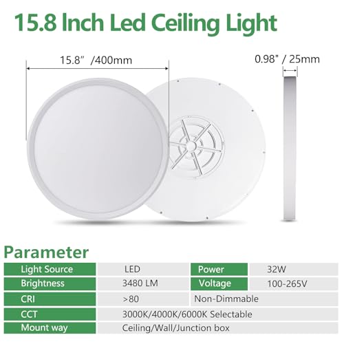 15.8-Inch White LED Flush Mount Ceiling Light 4-Pack - 32W 3480LM 3CCT Selectable
