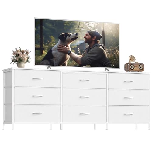 Dresser with 9 Fabric Drawers and TV Stand for Up to 70 Inch TVs - Cloud White, 13.8"D x 68.4"W x 26.8"H