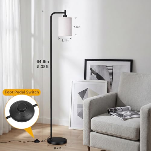 64-Inch Dimmable Floor Lamp with Remote & Foot Switch - Beige Shade, Black Pole, 9W LED Included - Beige-Black