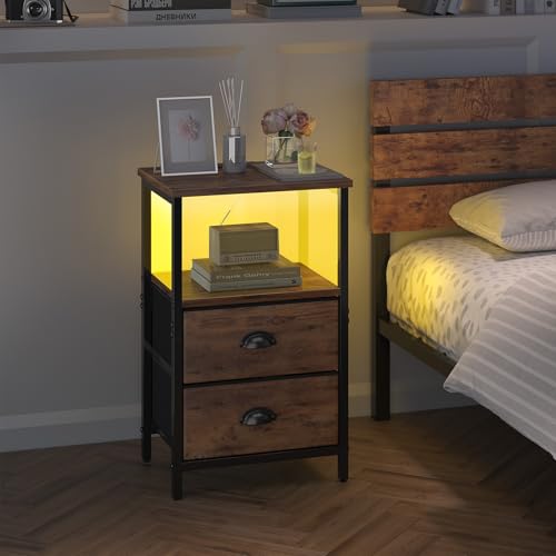 Rustic Brown Nightstand Set of 2 with LED Light & Charging Station - Industrial Bedside Tables with Fabric Drawers, 3-Tier Storage