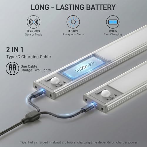 10-Inch Aluminum Under Cabinet Light - Rechargeable, Dimmable, 3 Colors, Magnetic Motion Sensor - 6 Pack