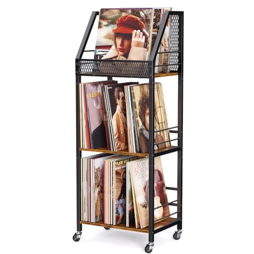 Vinyl Record Storage Holder for 300 Albums - 3-Tier Rolling Shelving Unit with Dividers