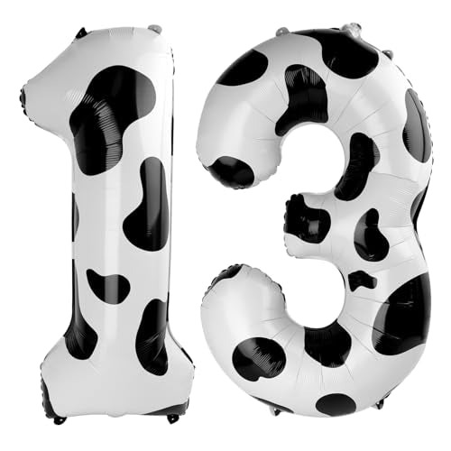 Cow Print Number 13 Balloon 40 inch, 13 Number Balloons, 13th Cow Farm Barnyard theme Birthday Decorations for Girls Boys Kids, 13 Year Old Party Supplies