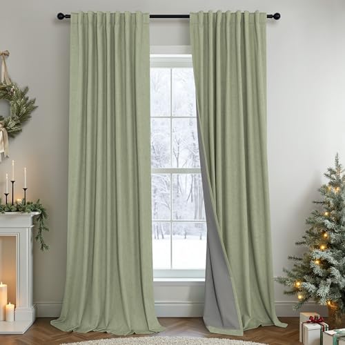 Pitalk Sage Green 2P Dark Out Curtains 52x84 in – Boho Linen Texture, Thermal Insulated