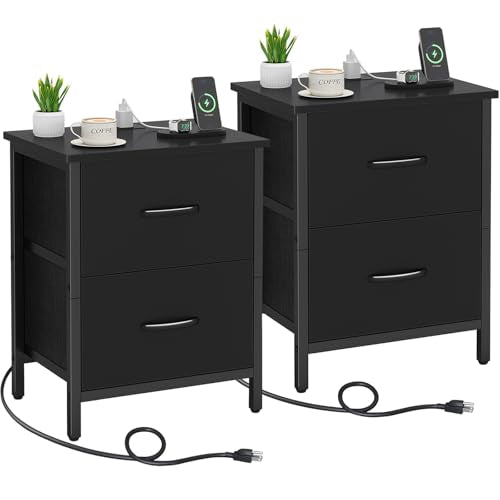 Vagusicc 2-Pack Black Nightstands with Charging Station, USB & Power Outlets