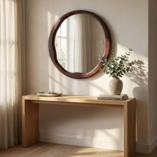 Dark Walnut 24-Inch Round Wood Wall Mirror - Asymmetrical Inner Edge - Solid Wood Frame