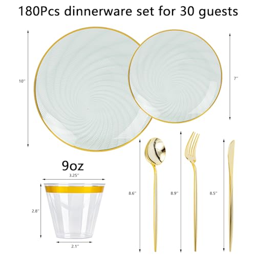 N9R 180PCS Green Plastic Plates Gold Rim, Disposable Party Dinnerware