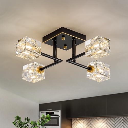 Poemoon Black Gold 18in Crystal Sputnik Chandelier 4-Light Ceiling Fixture