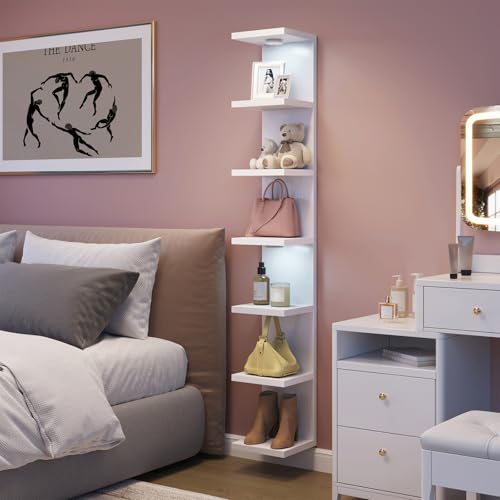 Fixwal 7-Tier Wall Shelf with LED Lights, White, Space-Saving Home Decor