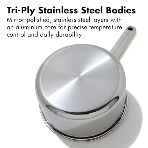 OXO Hybrid 2.5QT Nonstick Saucepan with Glass Lid - PFAS-Free Ceramic, Oven Safe to 850F, Induction Compatible, Dishwasher Safe, Tri-Ply Stainless Steel