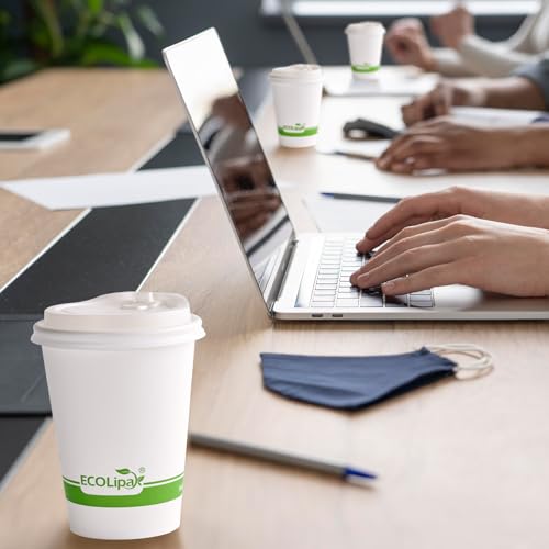 ECOLipak 12 oz Compostable Paper Coffee Cups with CPLA Lid - Pack of 100