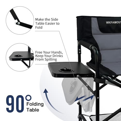 Black Tall Folding Director Chair with Side Table & Footrest - 26.77" Seat Height, Supports 350LBS