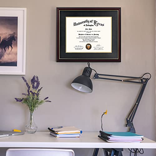 GraduationMall Cherry Finish Diploma Frame with Gold Trim for 11x14 & 15x18 Certificates, Black & Gold Mat Included