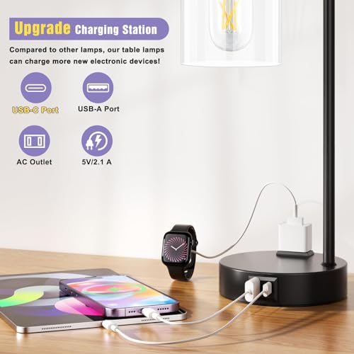 Innqoo A-Clear Industrial Touch Bedside Lamps Set of 2, Dimmable Nightstand Lights with USB and Outlet