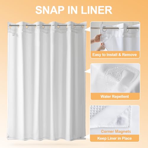 White Cotton Blend No Hook Shower Curtain with Liner 71x78 - Spa-Quality Bathroom Decor