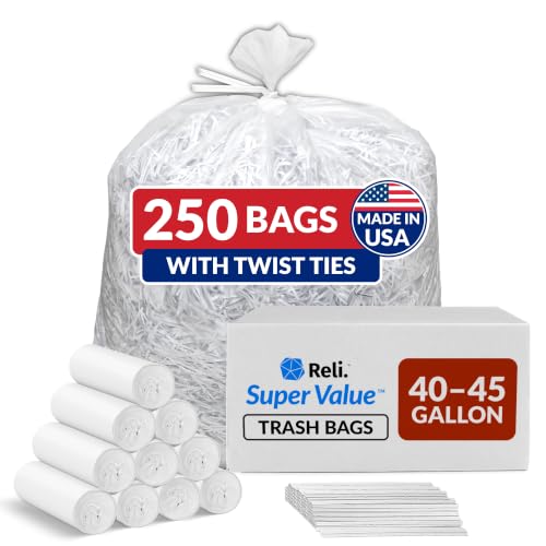 Heavy Duty Clear Trash Bags with Twist Ties 250 Count 40-45 Gallon