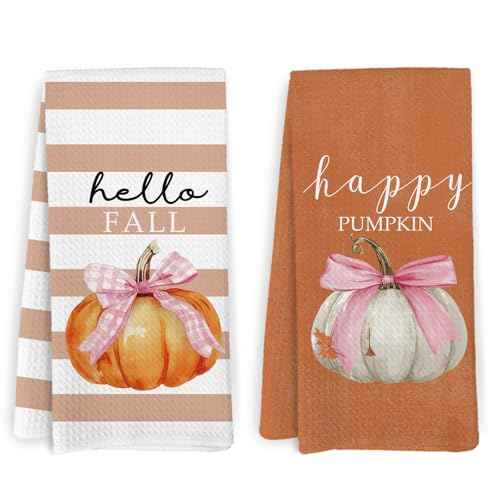 Fall Pumpkin Decor Kitchen Towels and Dishcloths Set of 2, Pink Fall Decor, Pumpkin Bow Decor Dish Towels, Hello Fall Decorative Hand Tea Towels for Bathroom Kitchen Dorm Room, 16¡¿24 Inches