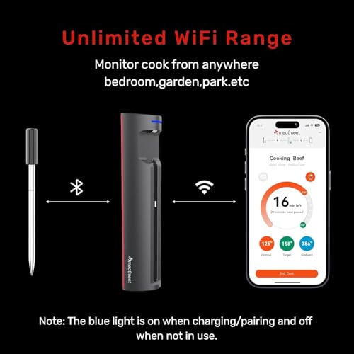 Pro Wireless Meat Thermometer with Remote App Monitoring - Waterproof Probe, Wi-Fi & Bluetooth