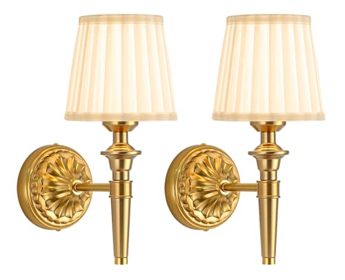 Ayzplbh Gold Rechargeable Wall Sconces Set of 2 with Dimmable LED Vintage Fabric Shades