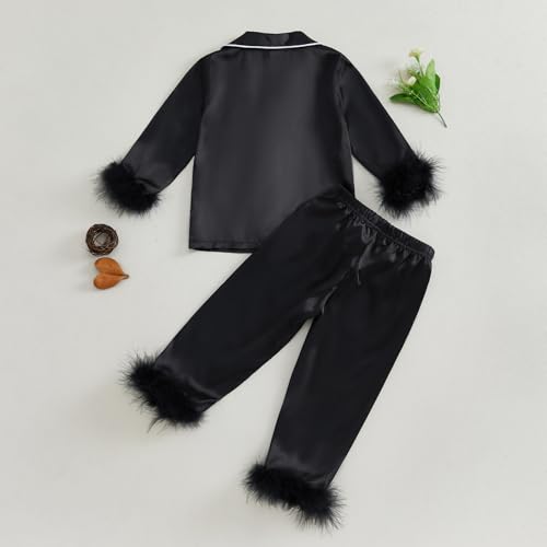 SAYOO Toddler Girl Satin Pajamas Set Black 4-5T Fuzzy Trim Sleepwear