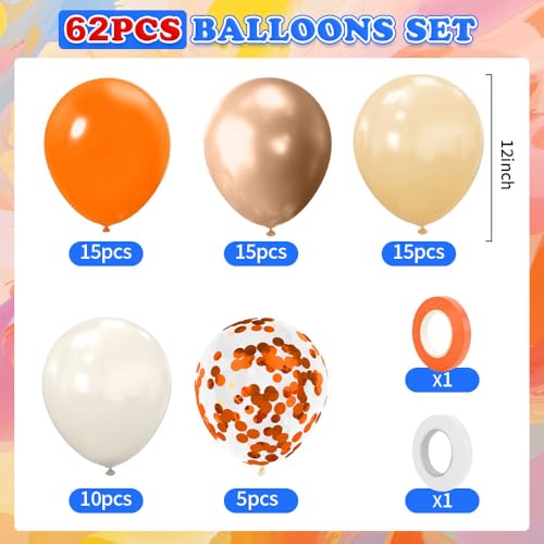 62Pcs Fall Balloons Set, 12 Inch Orange Champagne Gold Retro Ivory White Confetti Latex Balloons Kit with Ribbons, Party Balloons Kit for Birthday Thanksgiving Fall Wedding Party Decorations