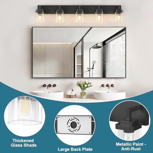Leifod Matte Black 5-Light Bathroom Vanity Light with Clear Glass Shades - Modern Fixture, Over Mirror, 36 Inch