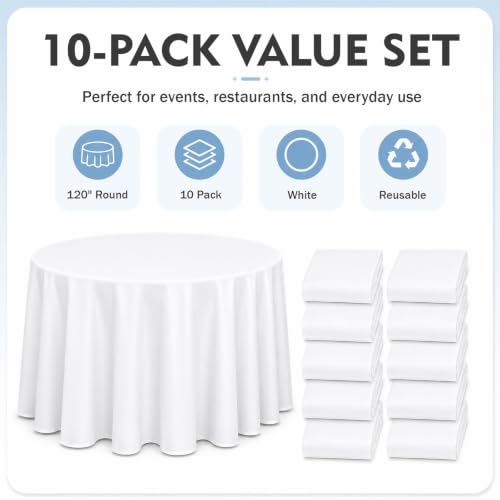 White Round Tablecloth 120 Inch - Pack of 10 Washable, Stain & Wrinkle Resistant Polyester for Weddings & Events