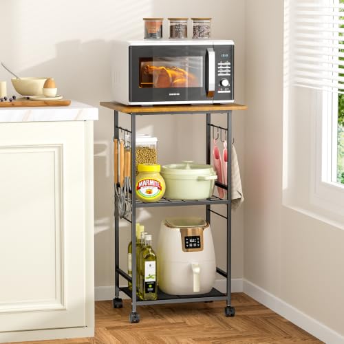 ThreeHio Brown 3-Tier Rolling Kitchen Microwave Cart with Adjustable Shelf