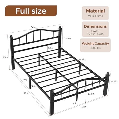 Full Size Black Metal Bed Frame with Headboard — Noise-Reducing, Space-Saving Design