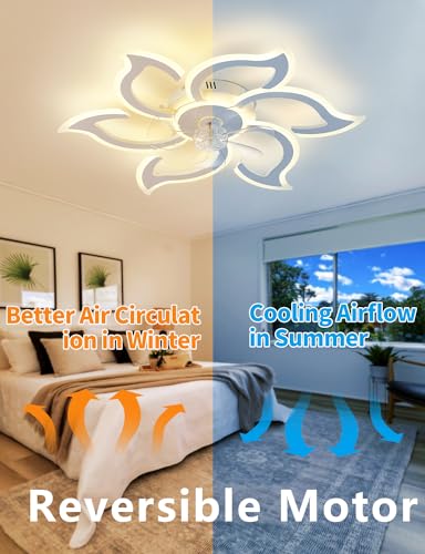 SIJINCHEN 33.5 Inch White Flower Ceiling Fan with Lights & Remote - Modern Low Profile Flush Mount Fan for Bedroom & Kitchen
