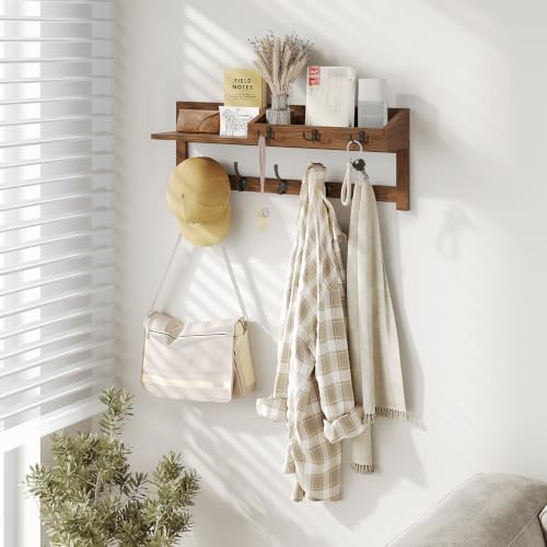 AMBIRD Wall Hooks with Shelf - 26.57 Inch Wooden Coat Rack with Dual & Key Hooks for Entryway, Brown