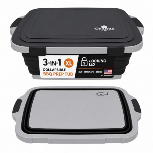 Grande Home Dark Gray Collapsible BBQ Prep Tub with Lid & Cutting Board, XL 4.3 Gal
