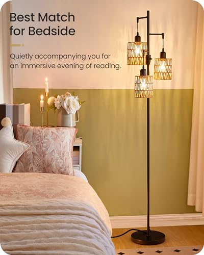 GOEBLESON Farmhouse Dimmable Floor Lamp Tall Standing Tree Lamp with Rope Woven Shades - 70.3" Boho Rattan Floor Light for Living Room Bedroom Office
