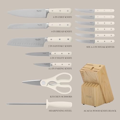 High Carbon Stainless Steel Knife Set with Acacia Wood Block - Linen White, 14 Pieces - Knife Block Set