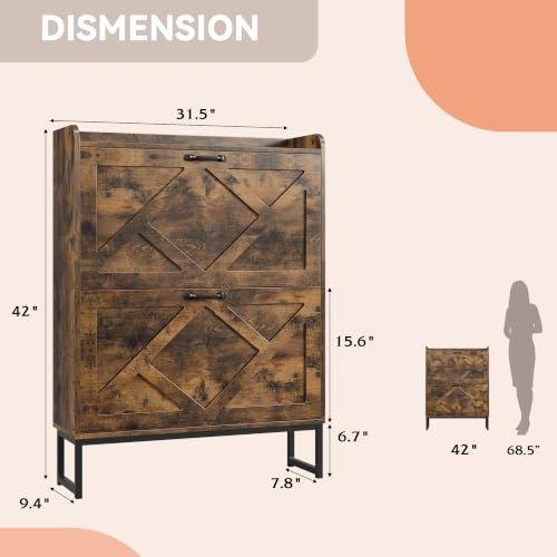 Nicetree Rustic Brown Shoe Storage Cabinet with 2 Flip Drawers, Slim Entryway Organizer