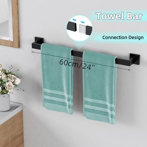 Black 24 Inch 5-Piece Bathroom Hardware Set - Towel Rack, Ring, Hooks & Toilet Paper Holder